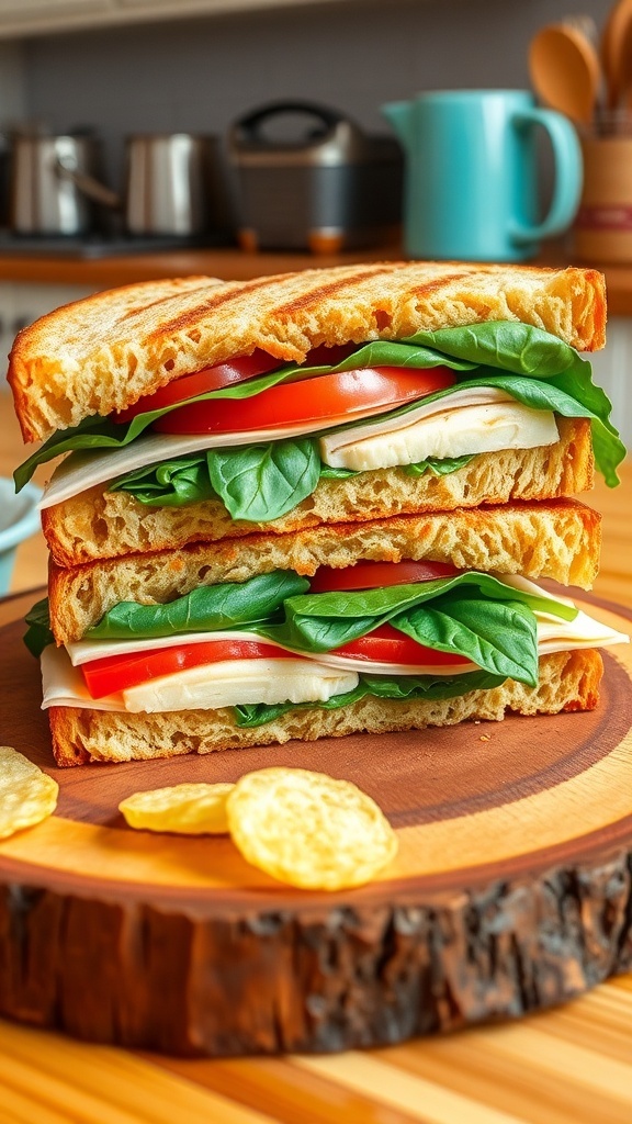 Easy Quick Bread Sandwich Recipes A quick bread sandwich with turkey, cheese, and vegetables on a wooden board with potato chips.